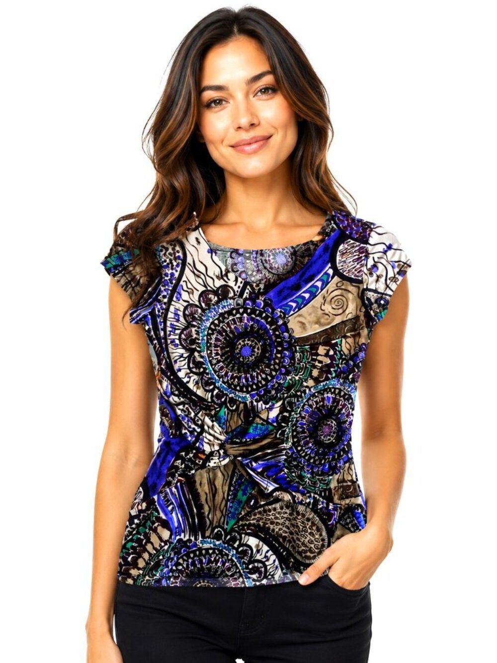 Revd' Elle Paris Ruched Waist Cap Sleeve Stretch Top